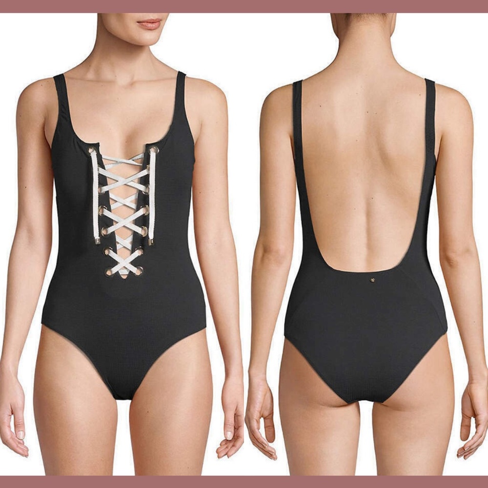 NEW $267 Derek Lam 10 Crosby One-Piece Lace-Up Swimsuit in Black [SZ XS‎ ]